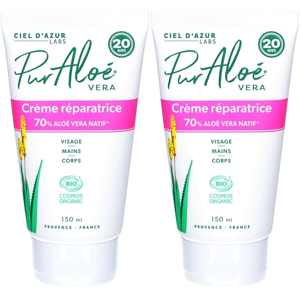 Twee tubes CIEL D'AZUR PurAloeé Herstellende crème, 70% Aloe Vera Nativ, 150 ml.