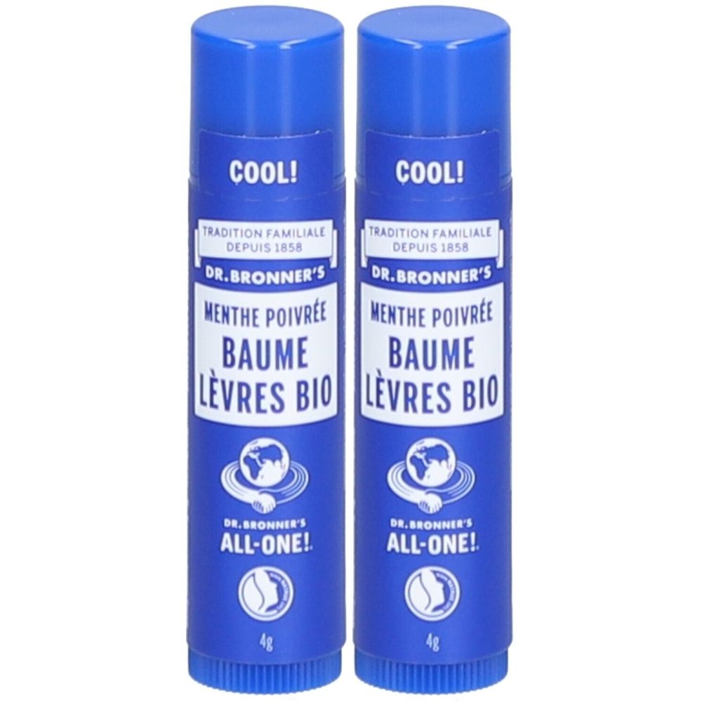 Deux sticks à lèvres bleus. Inscription: Menthe Poivrée Baume Lèvres Bio. Marque: Dr. Bronner's.