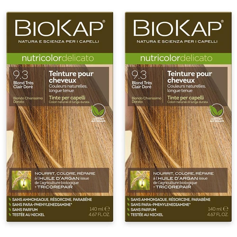 Twee verpakkingen haarverf. Opschrift: BIOKAP, nutricolordelicato, 9.3 Blond Très Clair Doré. Zonder ammoniak, resorcinol, parabenen.