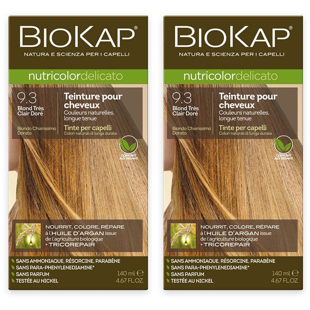 Twee pakken BIOKAP Nutricolor Delicato Haarkleuring 9.3 Zeer Licht Goudblond. Zonder ammoniak, resorcinol, parabenen.