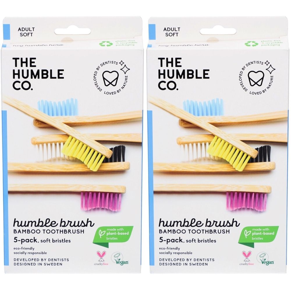Deux paquets de brosses à dents en bambou "The Humble Co.", 5 pièces par paquet, poils souples.