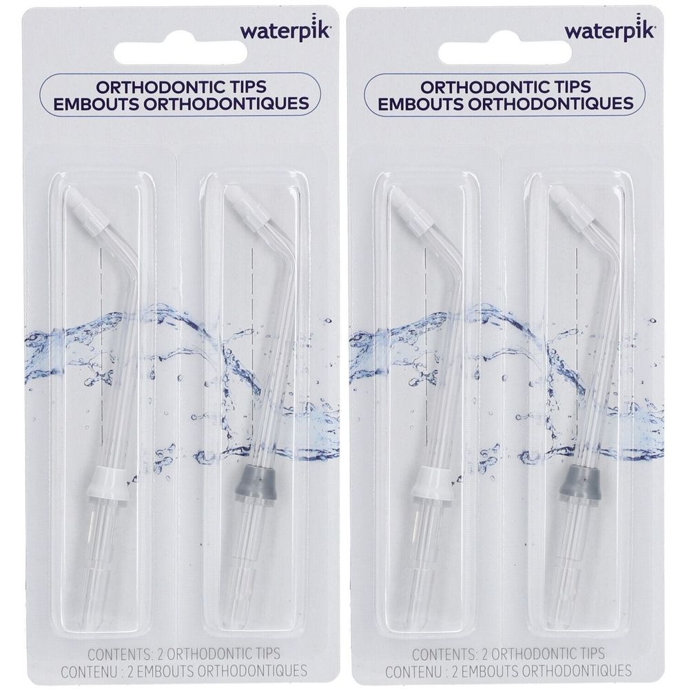 Deux paquets d'embouts orthodontiques Waterpik. Chaque paquet contient deux embouts orthodontiques. Embouts en plastique transparent avec éléments blancs et gris.