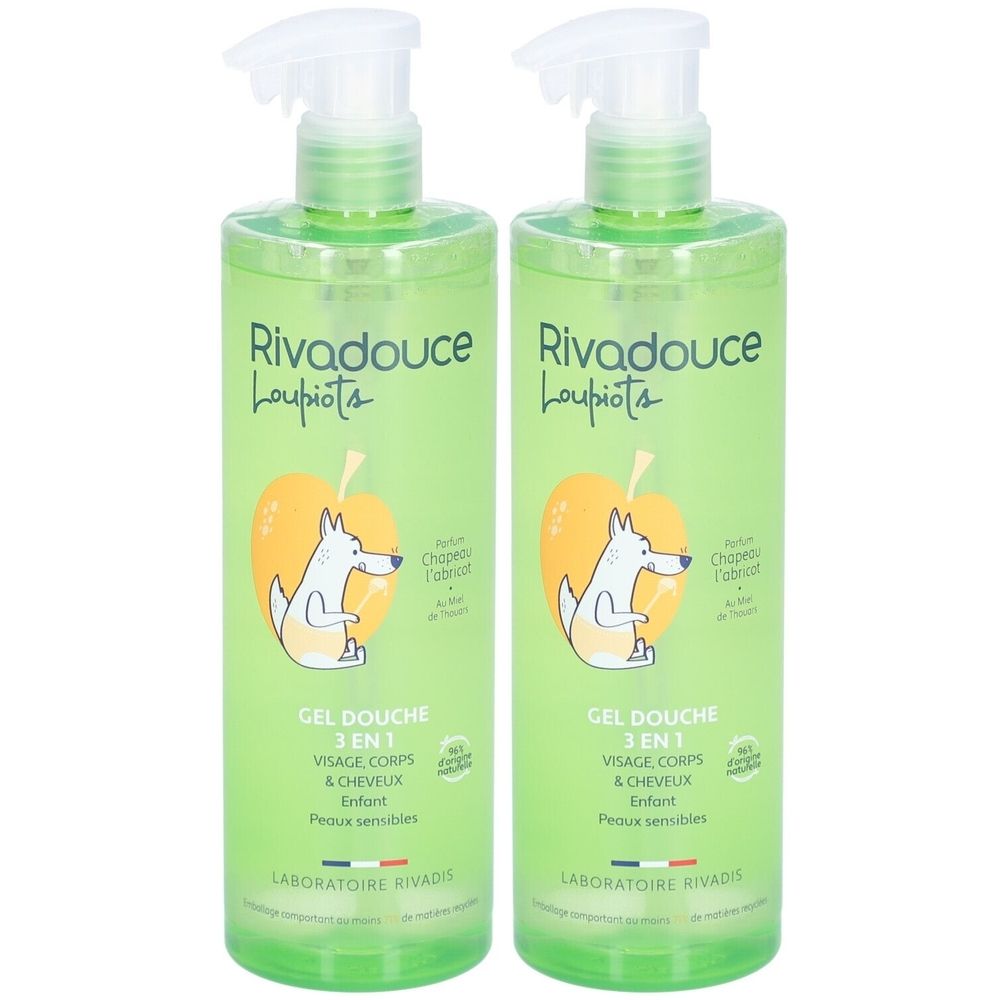Twee groene flessen Rivadouche Gel Douche 3 in 1. Met witte pomp. Bedrukt met logo en tekst. Illustratie van een hond.
