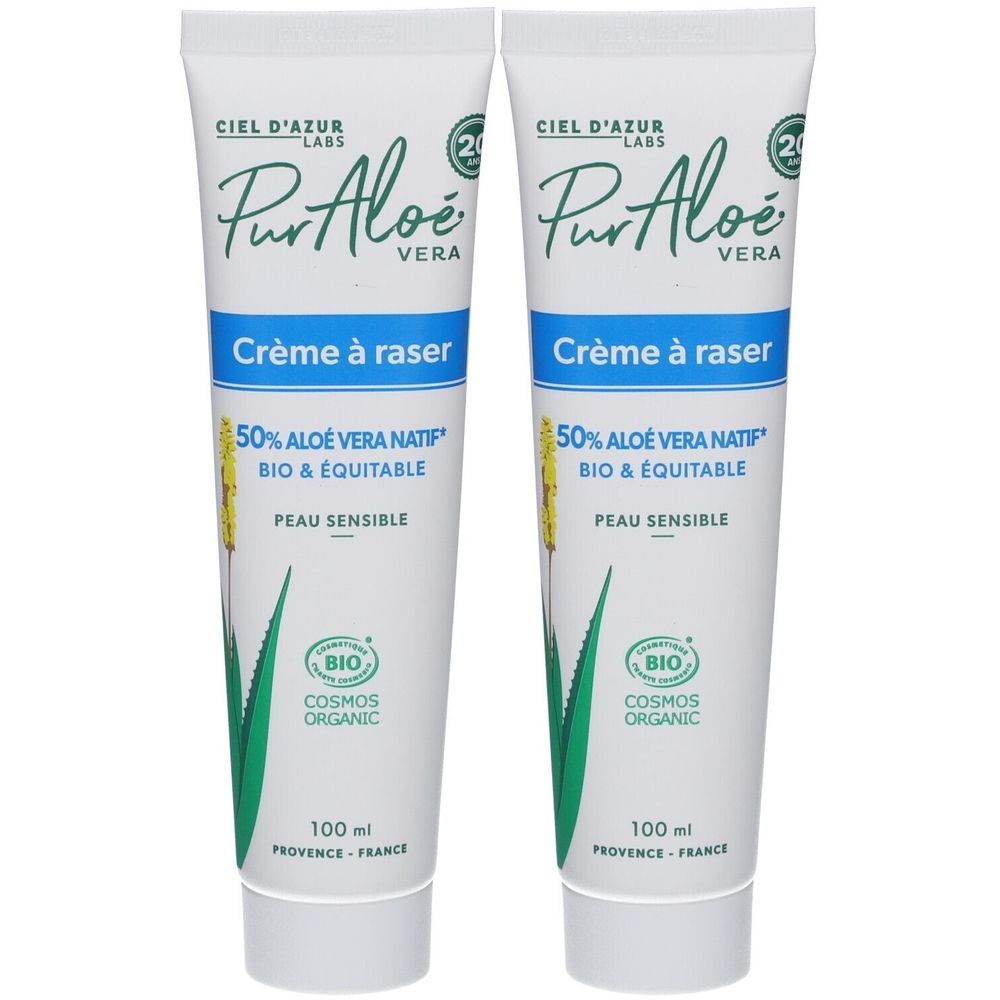 Twee tubes scheercrème. Opschrift: CIEL D'AZUR, PurAloé Vera, Crème à raser, 50% Aloe Vera Natif, Bio & Equitable, Peau Sensible.