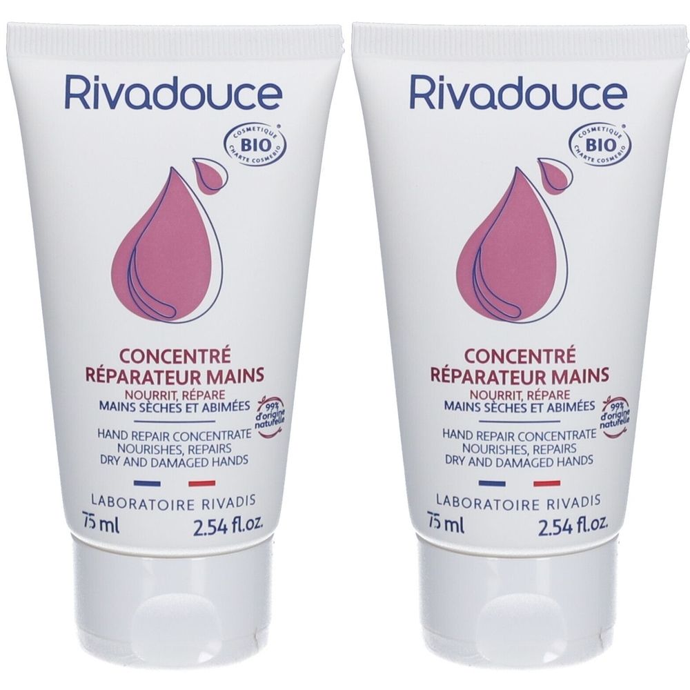 Deux tubes de Rivadouce Concentré Réparateur Mains. Blancs, avec design goutte violet et texte. Contient une certification bio. 75 ml, 2.54 fl.oz.