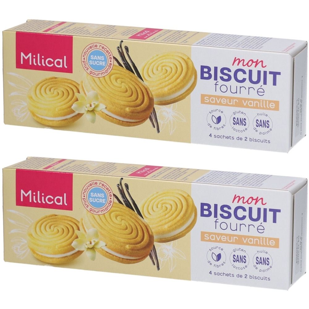 Milical Mon Biscuit Fourré, saveur vanille. Deux boîtes de 4 sachets de 2 biscuits.