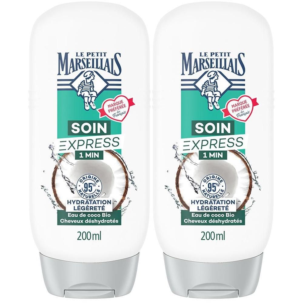 Twee witte flessen met etiketten. Tekst: Le Petit Marseillais, Soin Express, Eau de coco Bio, 200ml. Kokosnoot logo.