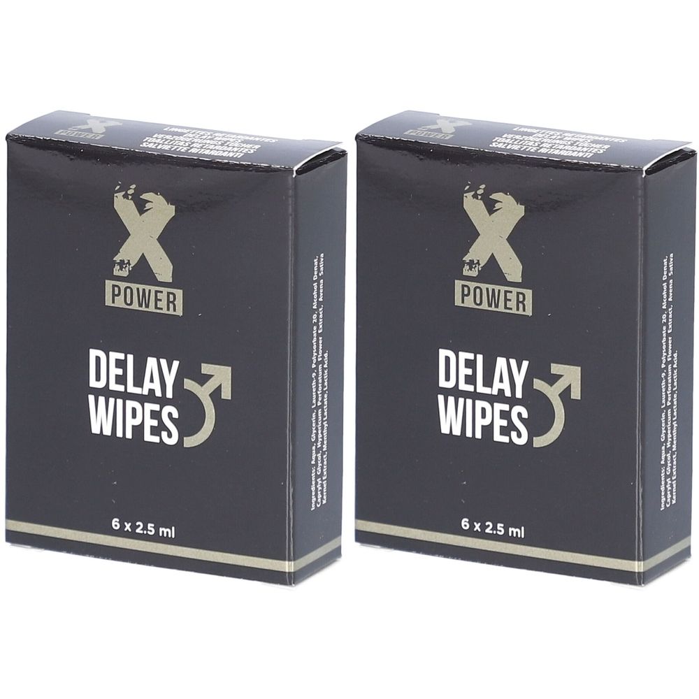 Deux boîtes noires avec l'inscription "X POWER DELAY WIPES". Chaque boîte indique "6 x 2,5 ml".