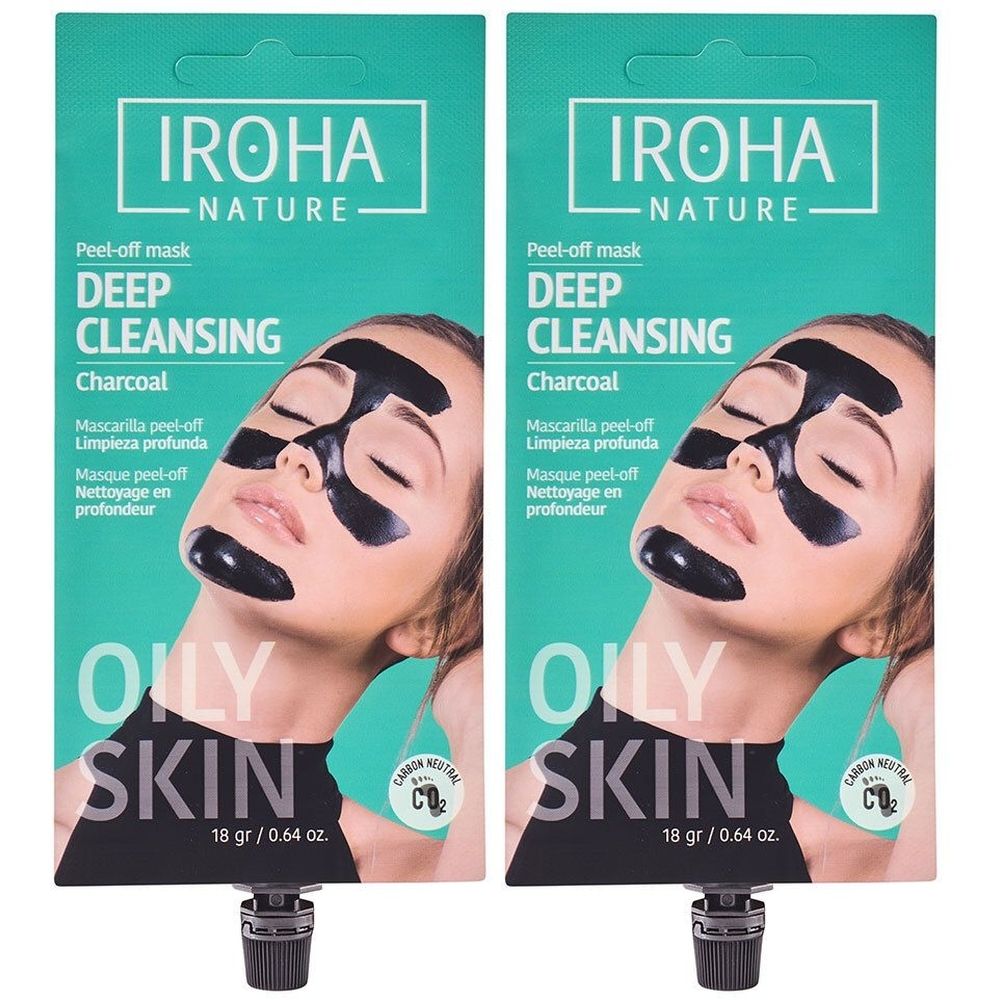Twee verpakkingen Iroha Nature Diep Reinigend Peel-off Masker met houtskool voor de vette huid.