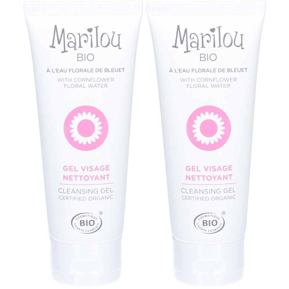 Twee witte tubes met tekst. Marilou Bio, Gel Visage Nettoyant, Cleansing Gel. Bio-logo. Met korenbloemwater.