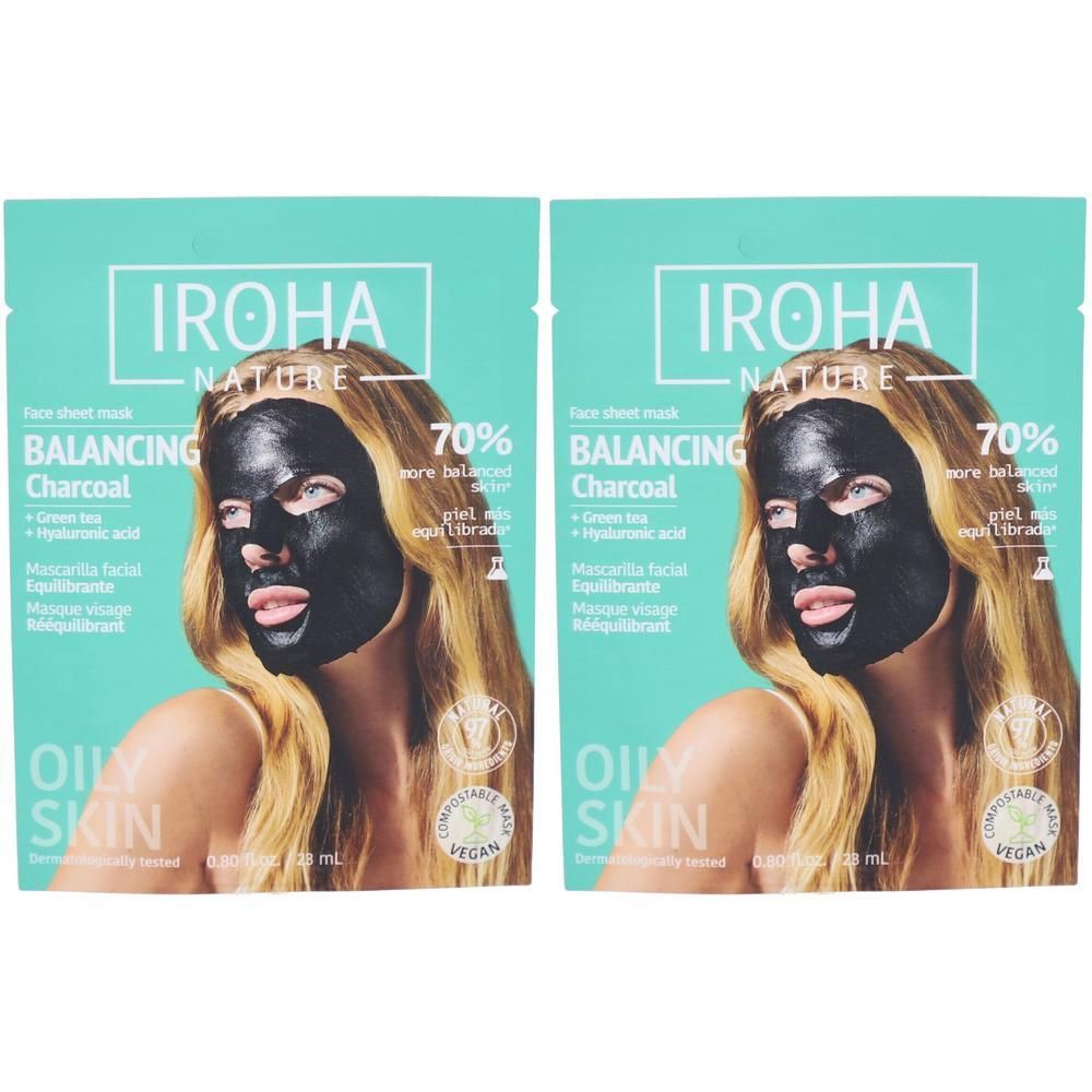 Twee pakken Iroha Nature gezichtsmaskers met houtskool voor de vette huid. Een vrouw draagt het zwarte masker.