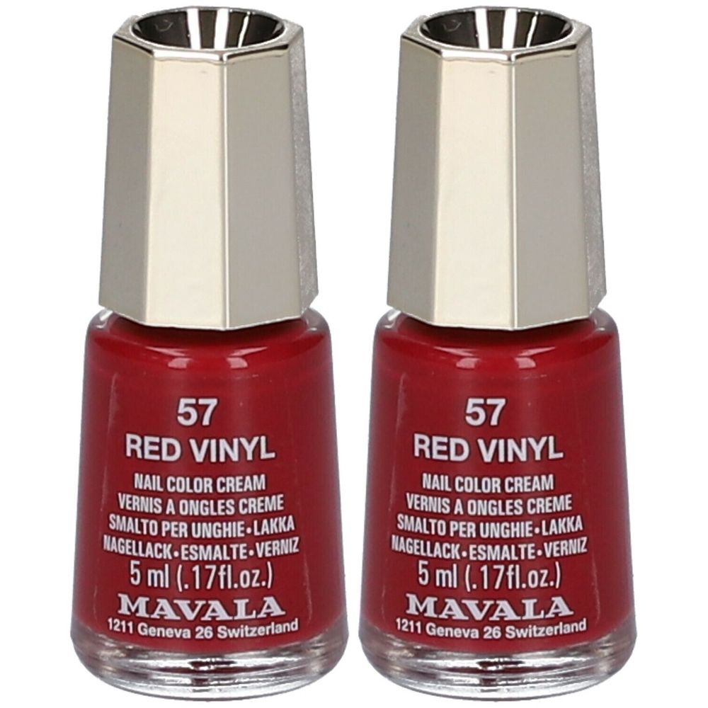 Deux flacons de vernis à ongles rouges avec bouchons argentés. Inscription: 57 Red Vinyl, Nail Color Cream, 5 ml, MAVALA.