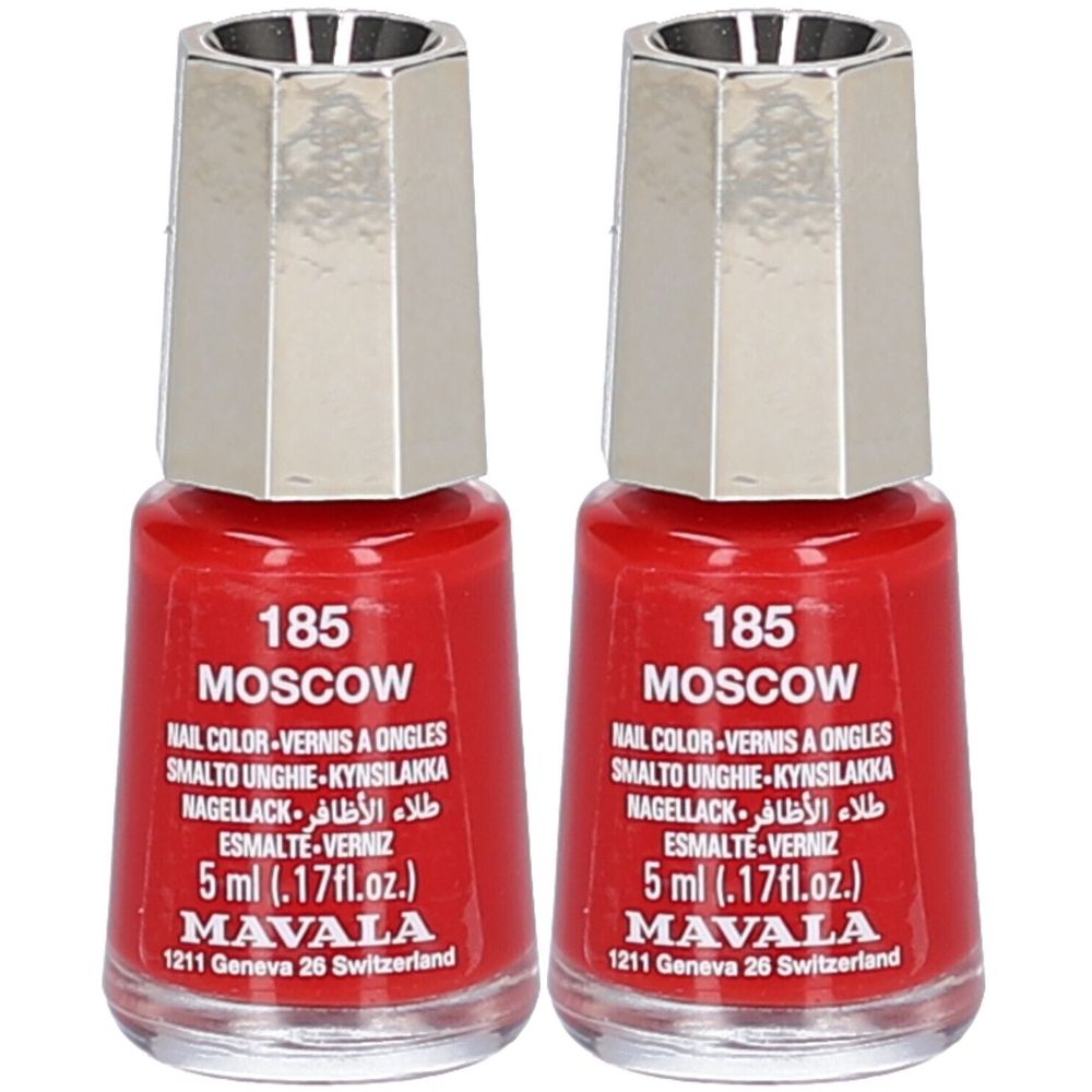 Twee flessen rode nagellak. Opschrift: 185 Moskou, MAVALA. Bevat 5 ml. Zilverkleurige dop.