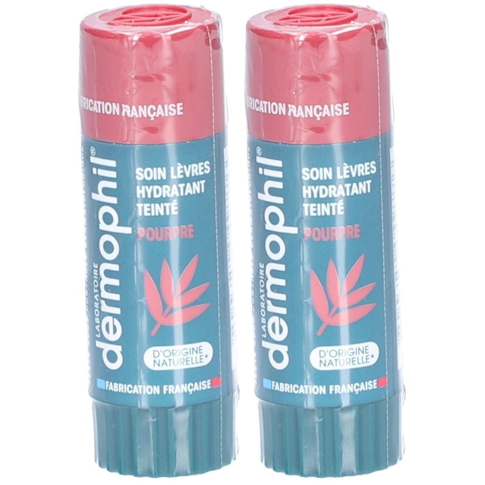 Twee getinte lippenbalsemsticks Dermophil Purper Rosé. Blauwe en rode verpakking met bladerenmotief.
