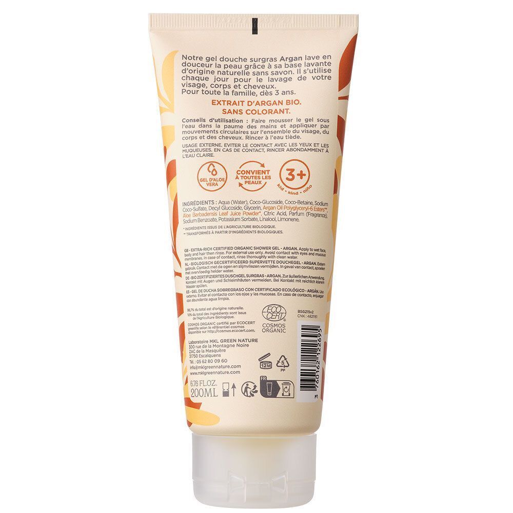 Crèmekleurige tube. Opschrift: EXTRAIT D'ARGAN BIO, SANS COLORANT. Logo's en tekst. Inhoud: 200 ml.