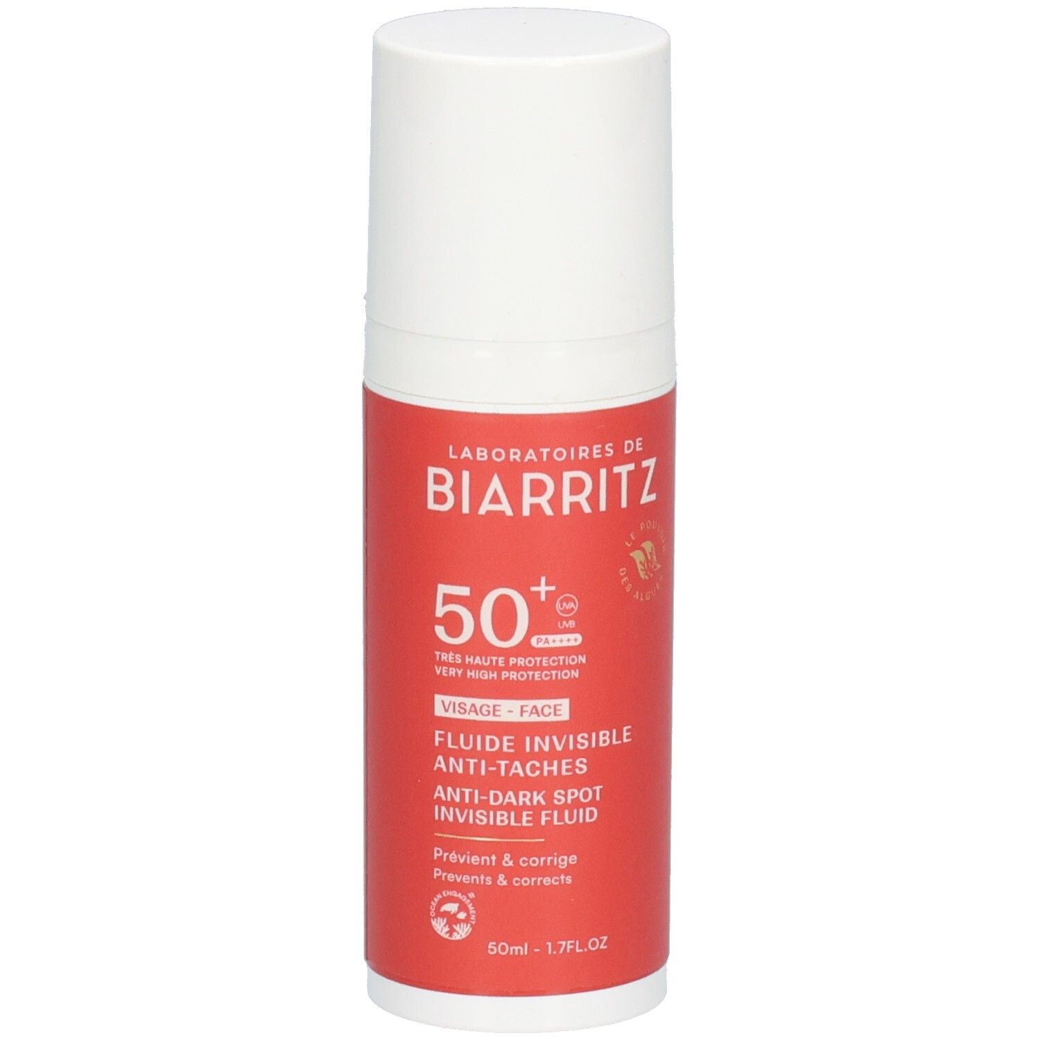 Witte en rode fles met productinformatie. Tekst: Laboratoires de Biarritz, 50+, Fluide invisible anti-taches.