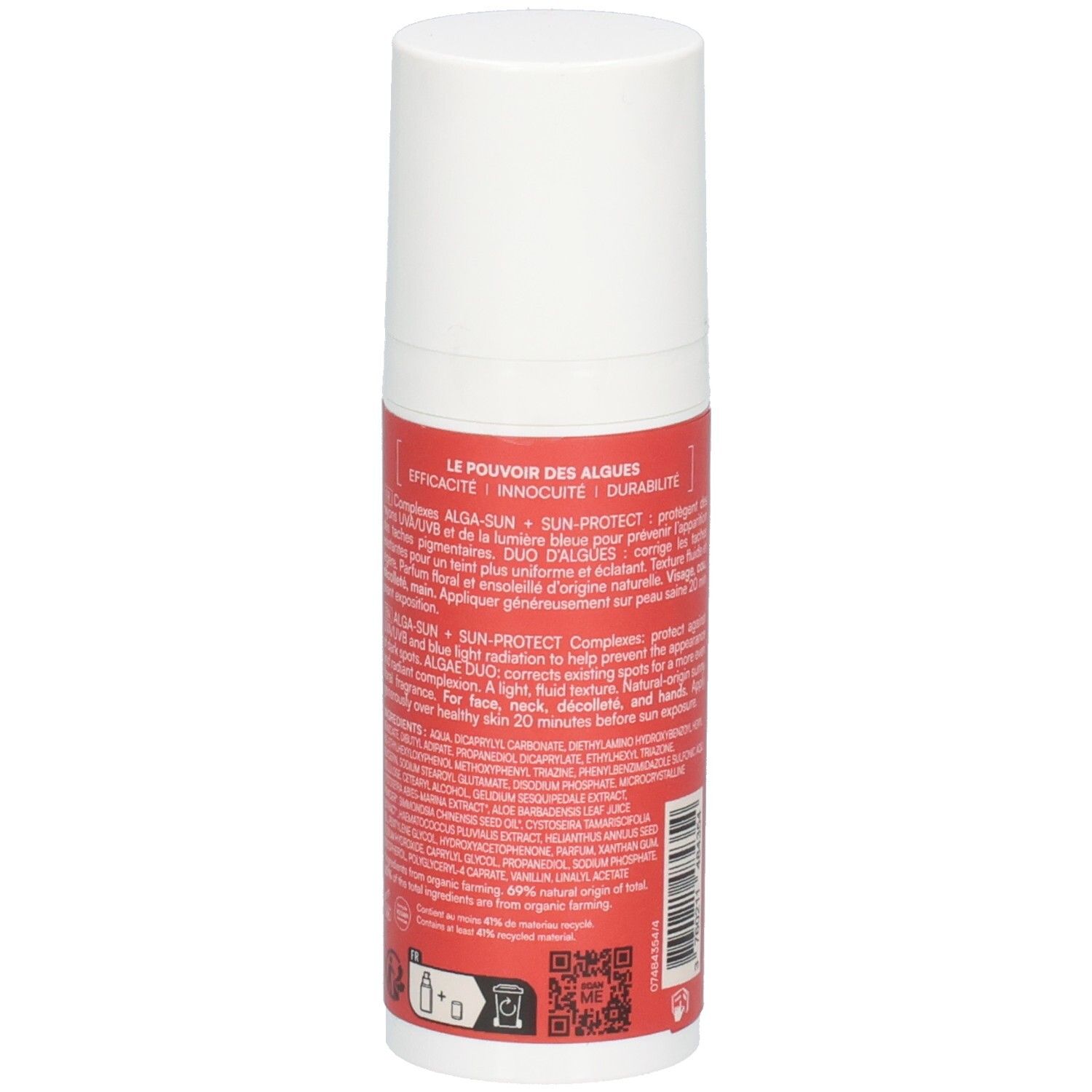 Achterkant van de witte en rode fles. Tekst: ingrediënten, Duo d'algues, Alga-Sun + Sun Protect.