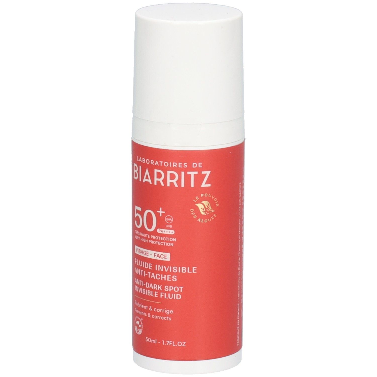 Witte en rode fles met productinformatie. Tekst: Laboratoires de Biarritz, 50+, Fluide invisible anti-taches.