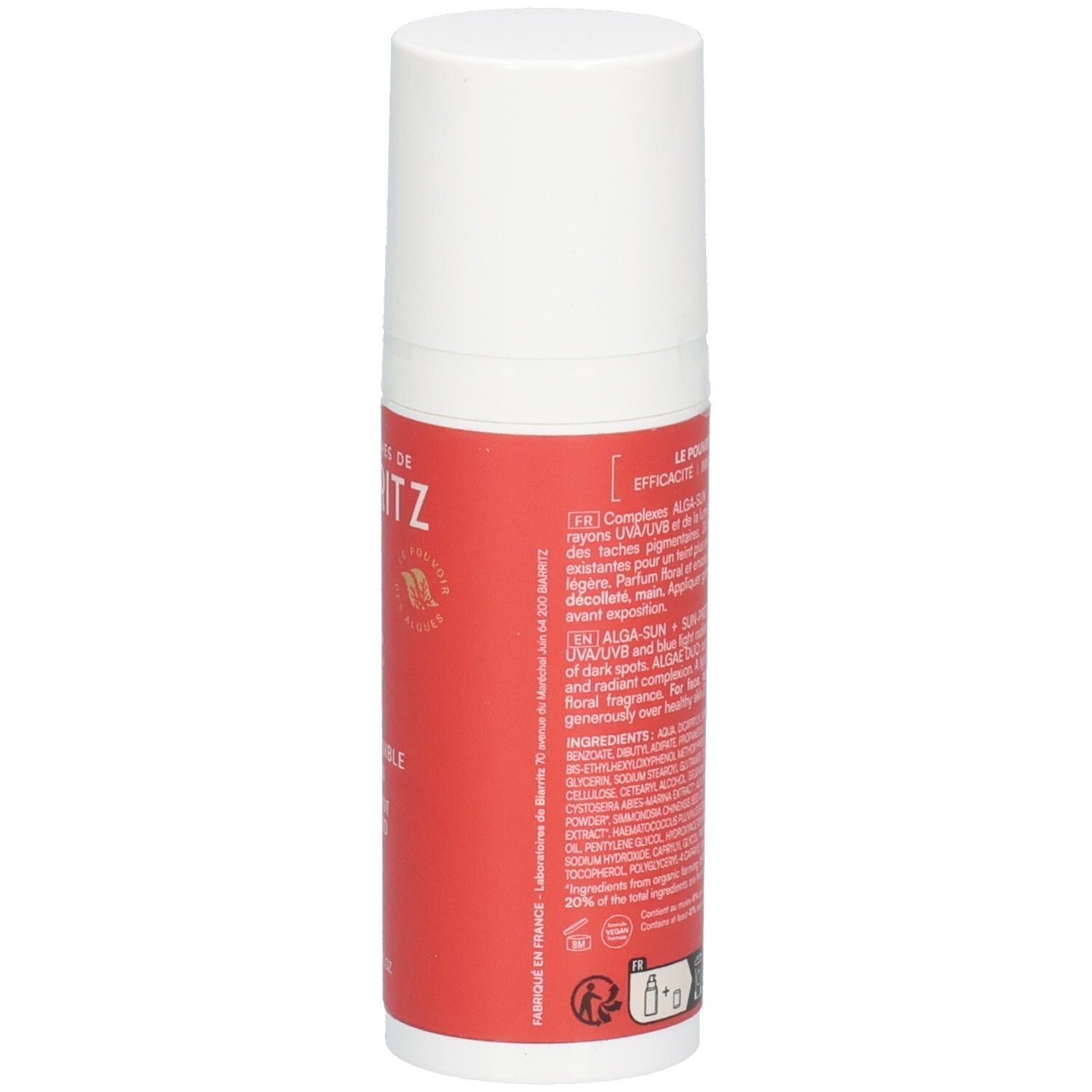 Achterkant van de witte en rode fles. Tekst: ingrediënten, Duo d'algues, Alga-Sun + Sun Protect.