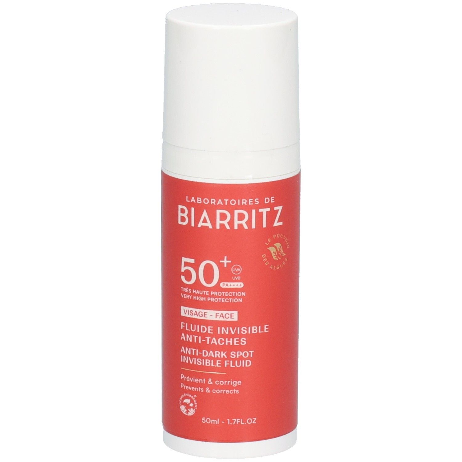 Witte en rode fles met productinformatie. Tekst: Laboratoires de Biarritz, 50+, Fluide invisible anti-taches.