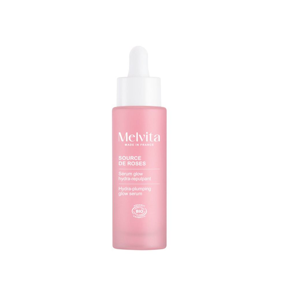 Flacon rose avec pipette. Sérum Melvita Source de Roses. Certification BIO.