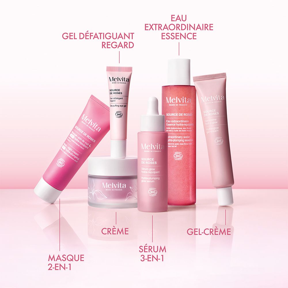 Différents produits Melvita. Sérum, crème, gel-crème, masque, essence.