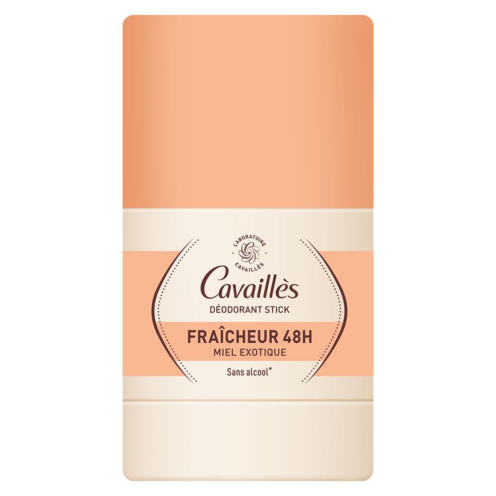 Deodorant stick met dop. Merk Cavaillès. Opschrift: Fraîcheur 48H, Miel exotique, Sans alcool.