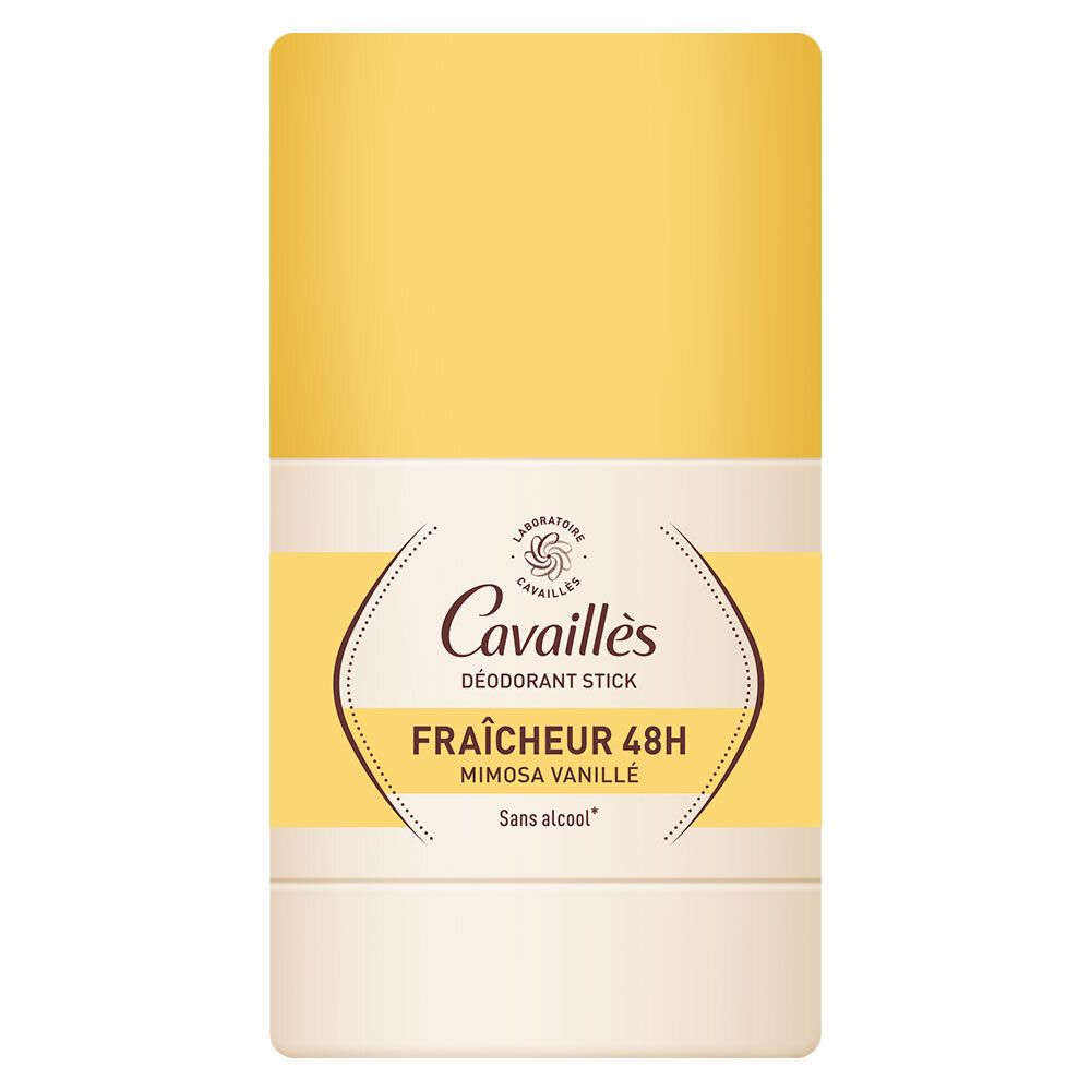 Stick déodorant avec couvercle jaune. Inscription: Cavaillès, Fraîcheur 48H, Mimosa Vanille. Sans alcool.