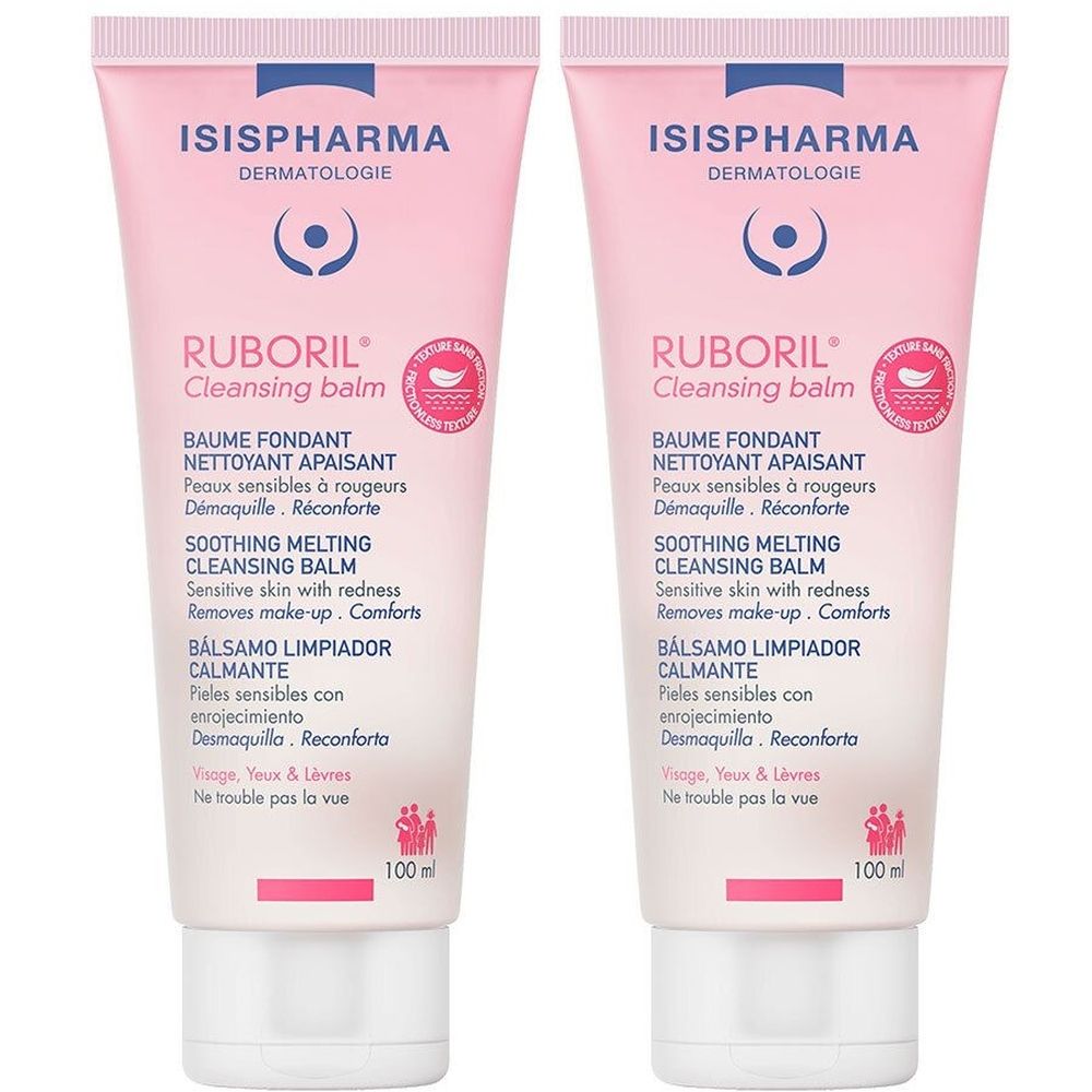 Deux tubes de ISISPHARMA RUBORIL Cleansing Balm. Emballage rose avec texte blanc. Contient du texte en plusieurs langues.