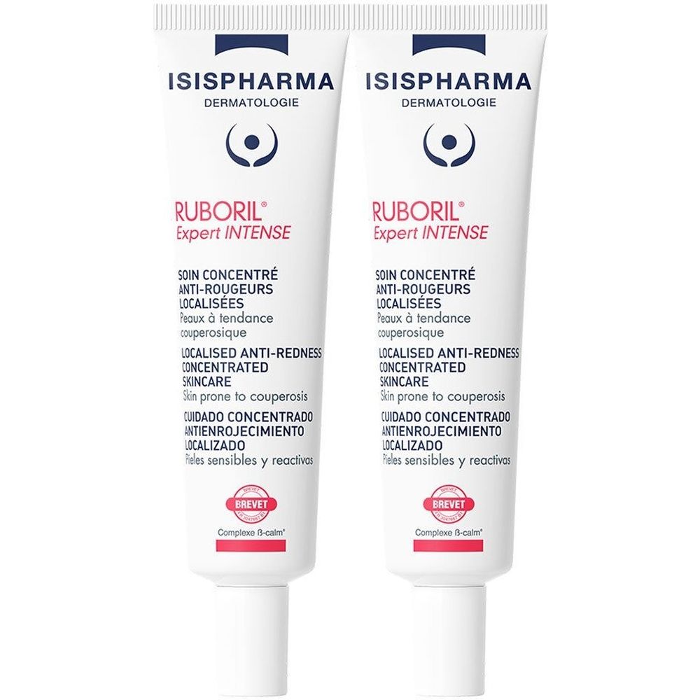Twee tubes ISISPHARMA Ruboril Expert Intense. Witte tubes met rode en blauwe tekst. Tekst: Anti-roodheid, gevoelige huid.