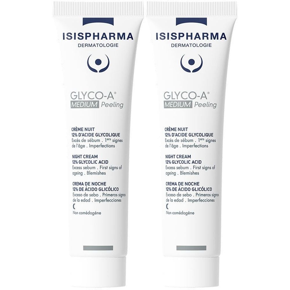 Twee tubes ISISPHARMA Glyco-A Medium Peeling. Witte tubes met blauwe tekst. Tekst: Crème Nuit, 12% glycolzuur, Night Cream.