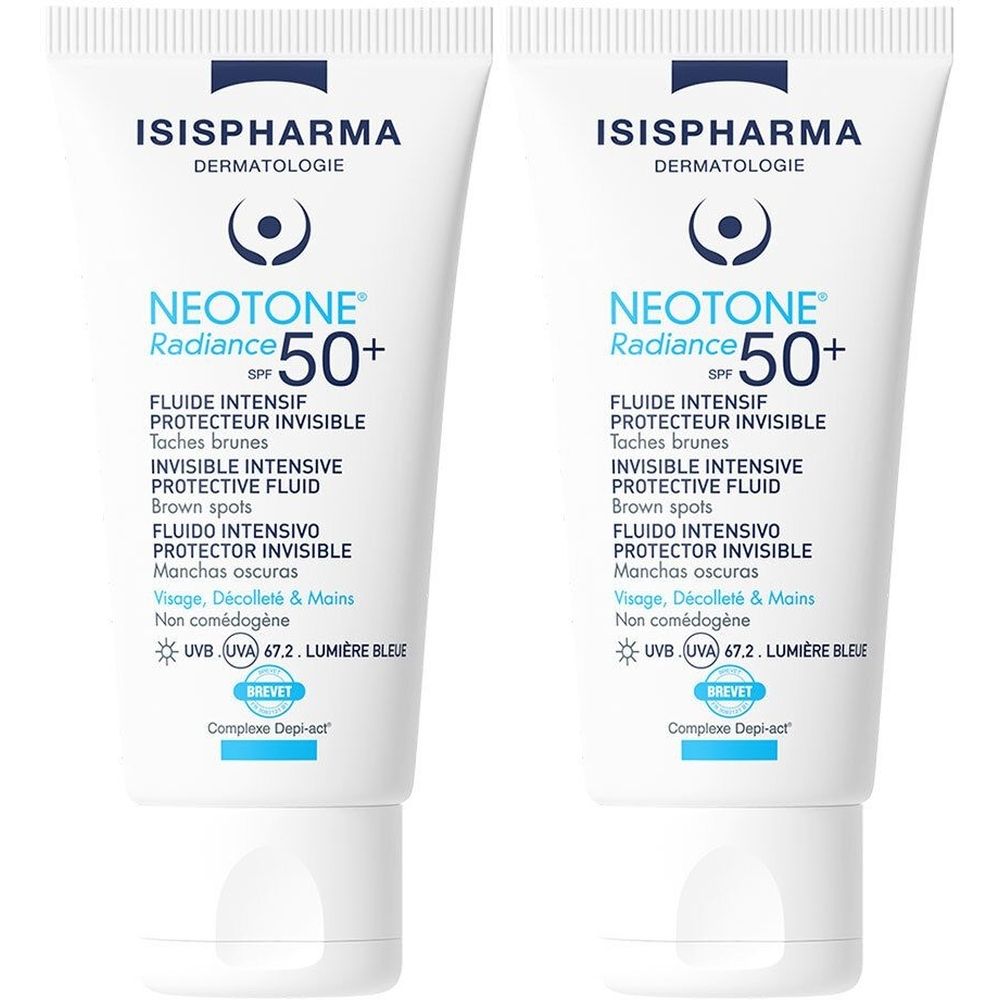 Deux tubes de ISISPHARMA Neotone Radiance SPF50+. Tubes blancs avec texte bleu. Contient des informations multilingues.