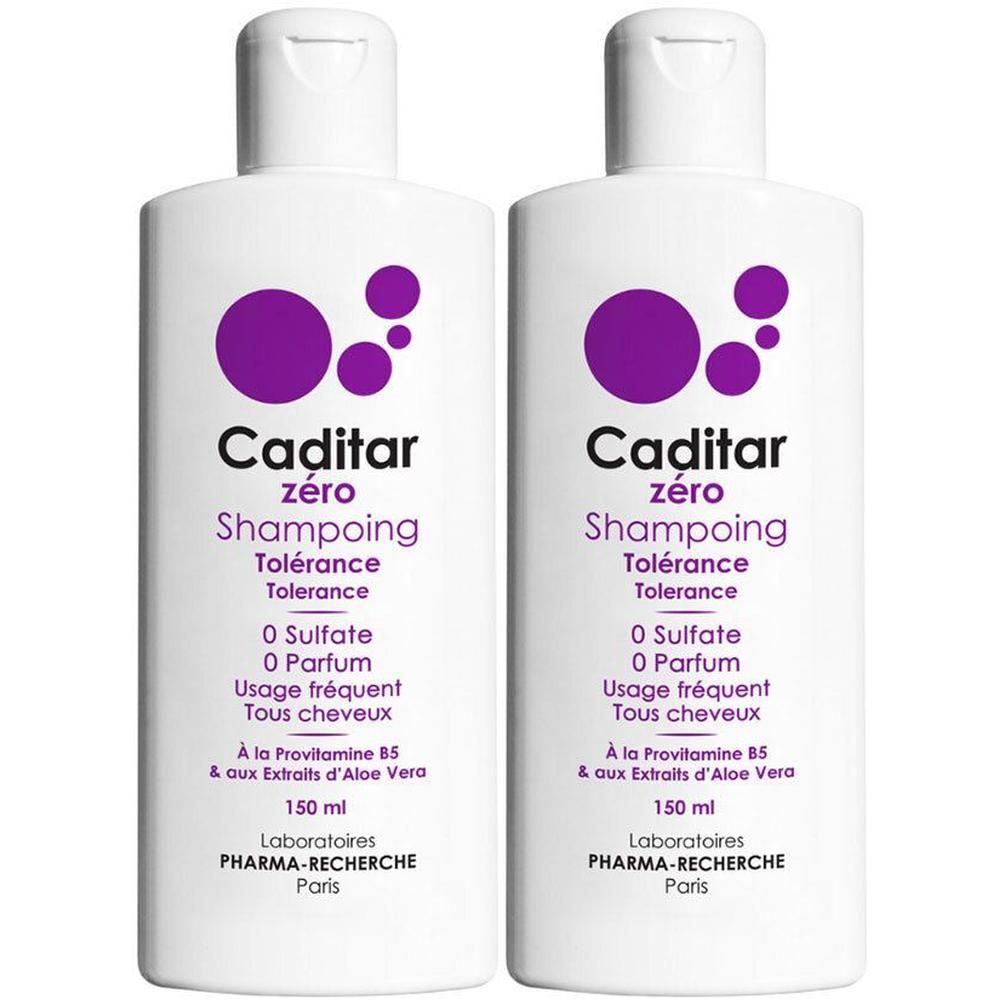 Twee witte flessen Caditar Zero Shampooing. Paars logo en tekst. Tekst: Tolérance, 0 Sulfate, 0 Parfum, Usage fréquent, Tous cheveux.