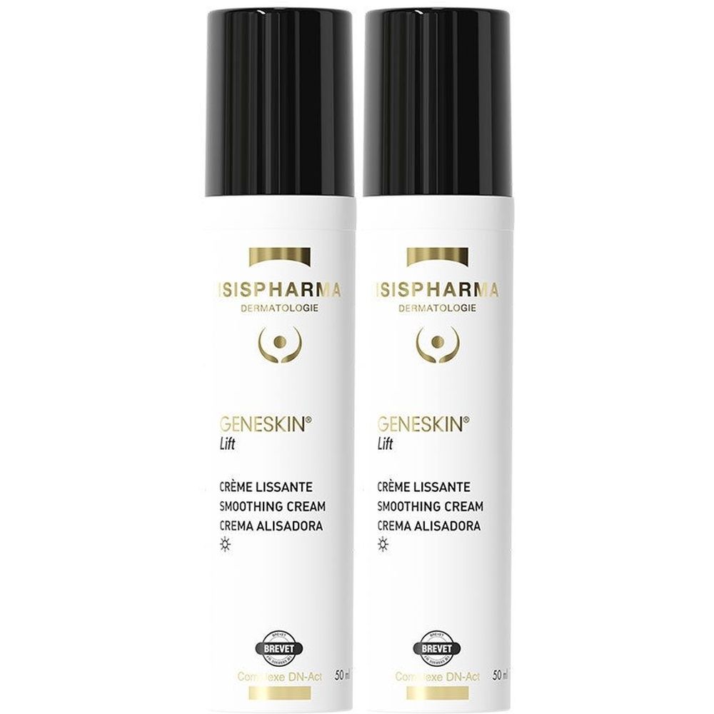 Twee witte flacons met zwarte dop. Opschrift: ISISPHARMA, Geneskin Lift, Crème Lissante, Smoothing Cream, Crema Alisadora. Logo en certificering.