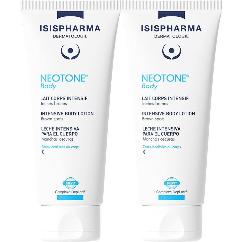 Deux tubes blancs avec texte bleu. Inscription: ISISPHARMA, NEOTONE Body, Intensive Body Lotion. Avec logo et mot BREVET.