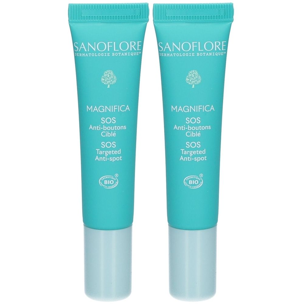 Twee tubes, turquoise met witte dop. Opschrift: SANOFLORE, MAGNIFICA SOS Anti-boutons Cible, BIO-certificering.