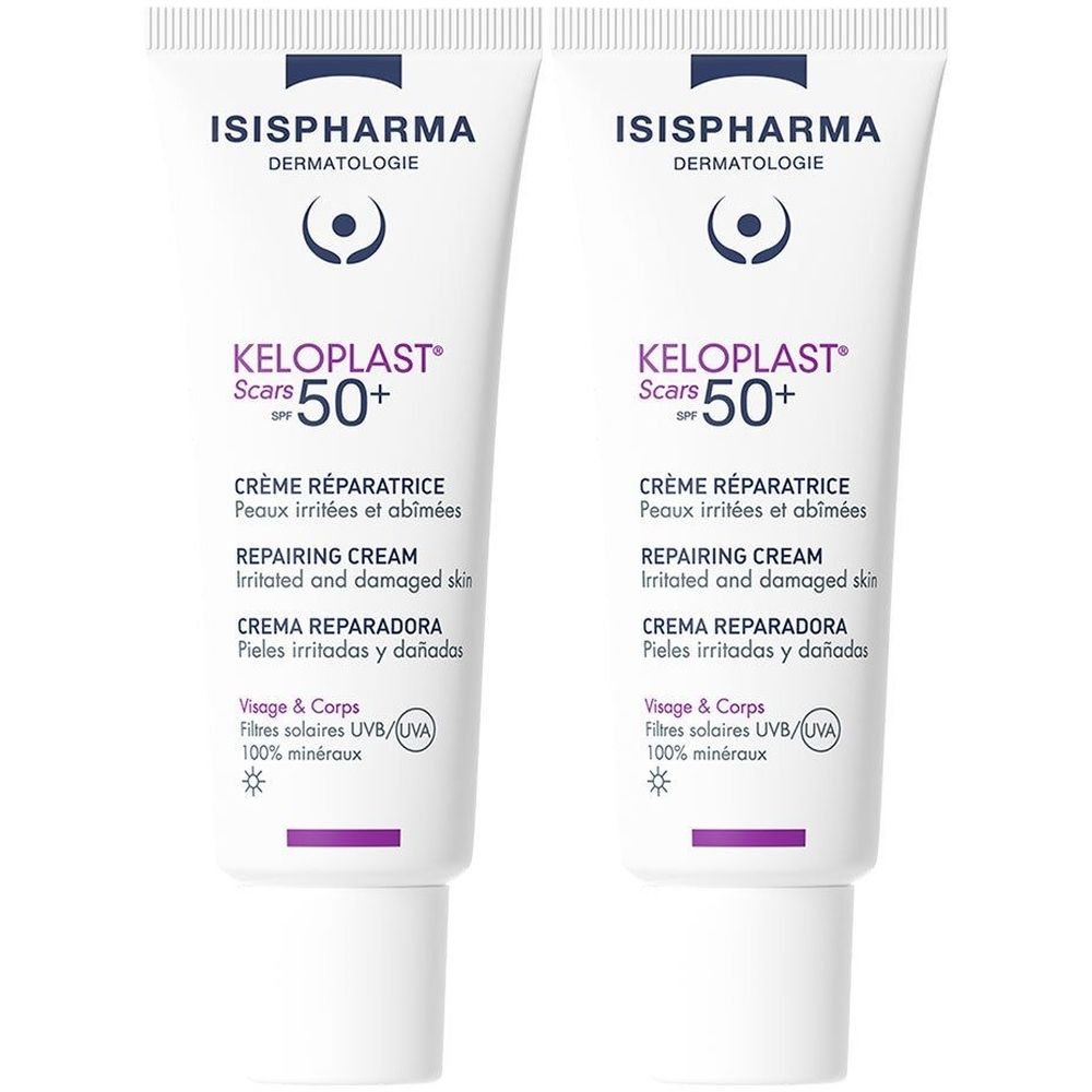 Twee tubes ISISPHARMA Keloplast Cracks SPF50+. Witte tubes met paarse accenten en productinformatie in meerdere talen.