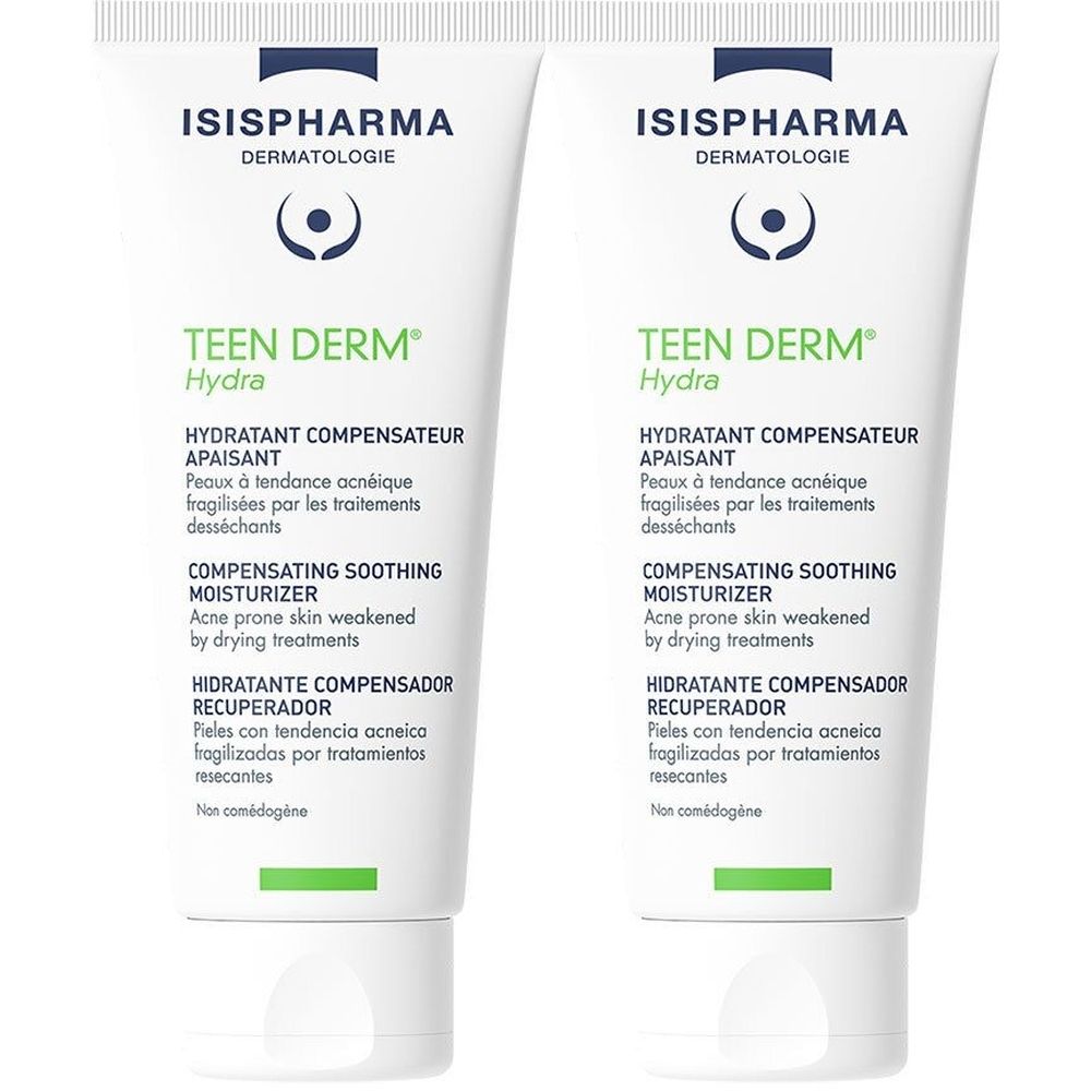 Twee tubes Teen Derm Hydra. Witte tubes met groene tekst. Bevat ISISPHARMA en Teen Derm Hydra.