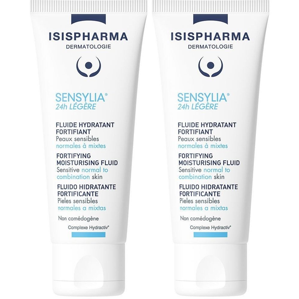 Twee witte tubes met blauwe tekst. ISISPHARMA, SENSYLIA 24h Légère, hydraterende vloeistof. Voor gevoelige, normale tot gemengde huid.