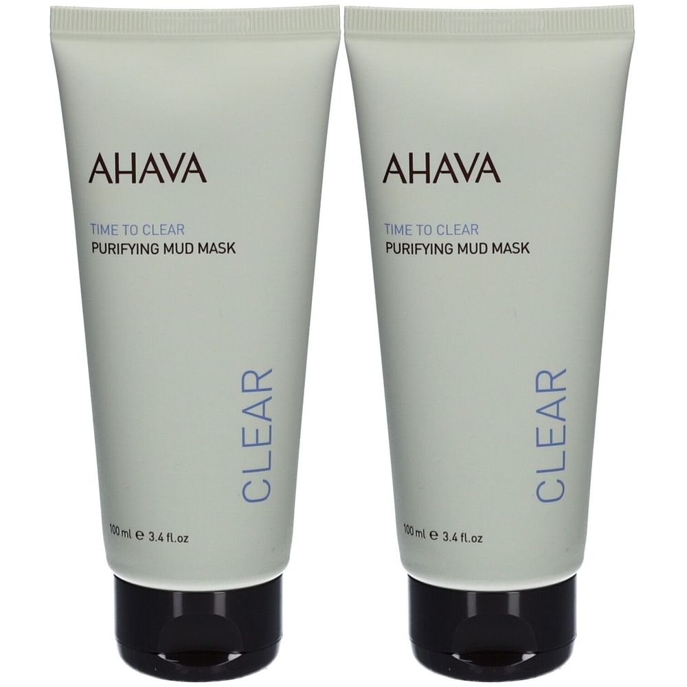 Twee tubes AHAVA gezichtsmasker. Lichtgrijze tubes met zwarte dop. Opschrift: TIME TO CLEAR PURIFYING MUD MASK.