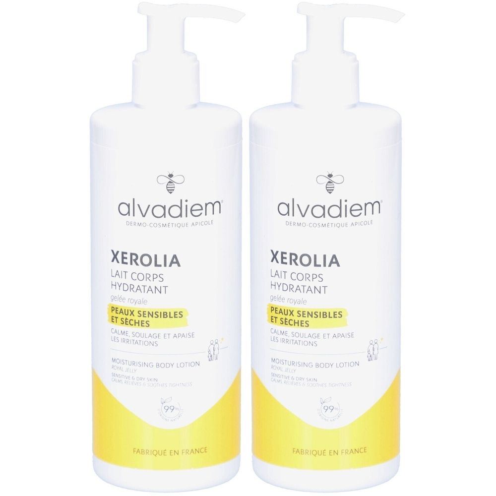 Twee witte flessen met pomp. Opschrift: ALVADIEM Xerolia Lait Corps Hydratant, voor gevoelige en droge huid. Gemaakt in Frankrijk.