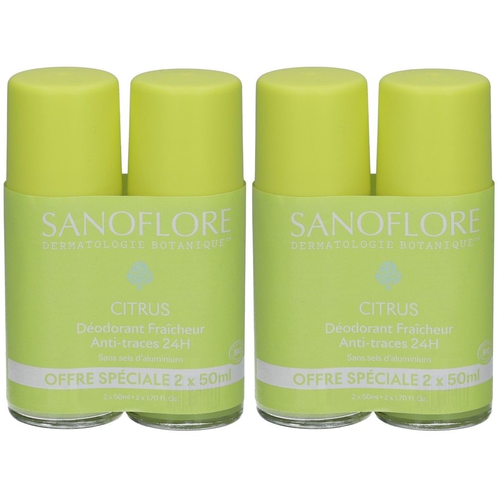 Deux déodorants roll-on. Flacons vert clair, bouchons jaunes. Inscriptions: SANOFLORE, CITRUS, Déodorant Fraicheur, Anti-traces 24H, Offre Spéciale 2 x 50ml.