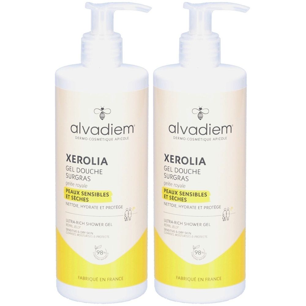 Deux flacons de gel douche avec pompe. Inscription : Alvadiem Xerolia Gel Douche Surgras. Pour peaux sensibles et sèches.