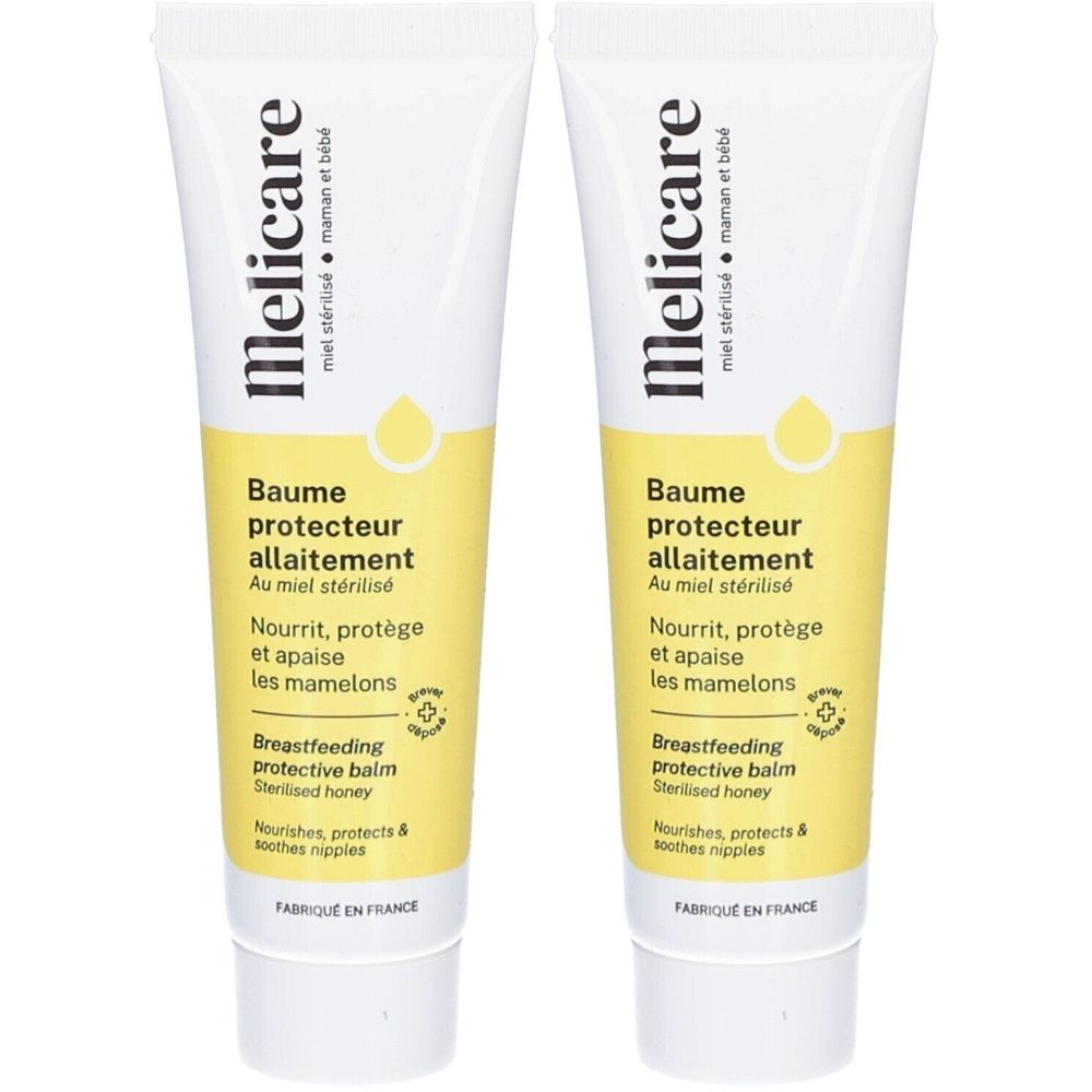 Deux tubes de Baume protecteur allaitement MELICARE. Emballage blanc et jaune avec nom et description. Texte en français et anglais.