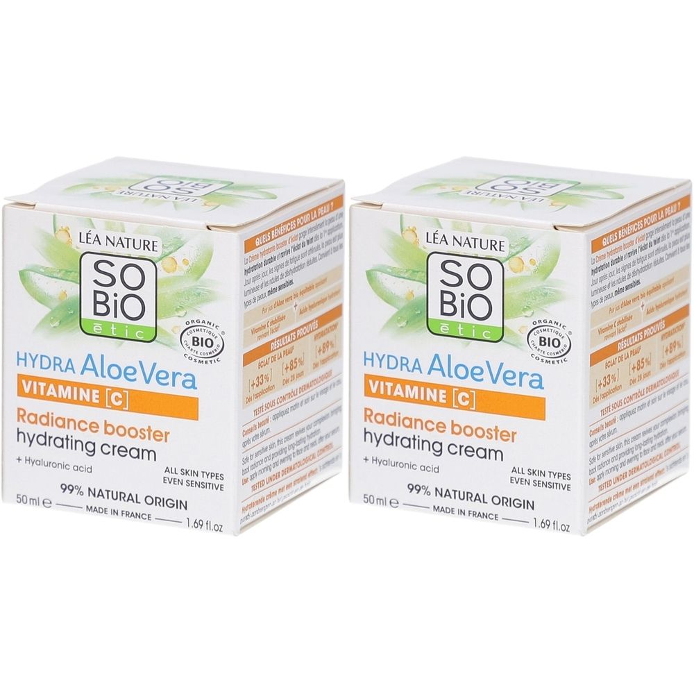 Twee vierkante dozen SO BIO ETIC Hydra Aloe Vera crème. Opschriften: Vitamine C, hydraterende crème, 99% natuurlijke oorsprong, bio-label.