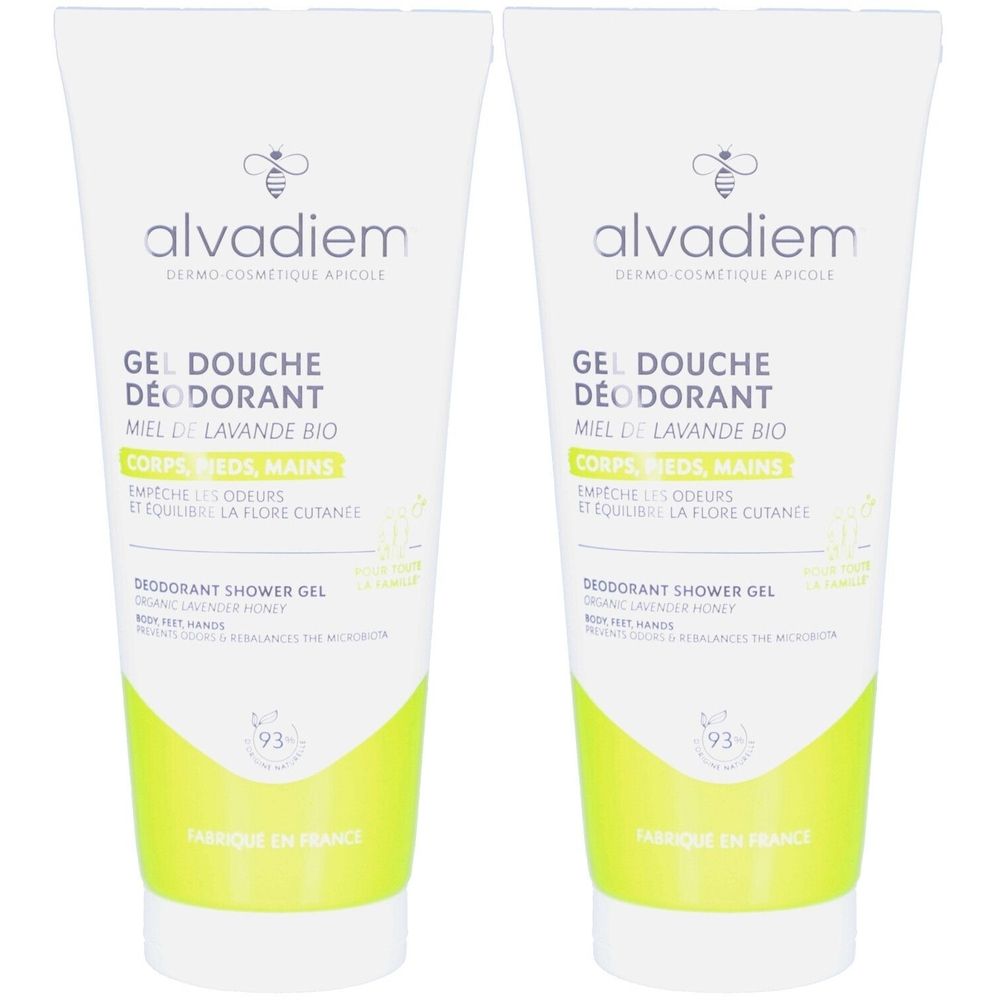 Twee tubes douchegel. Wit met groene accenten. Opschrift: alvadiem, Gel Douche Déodorant, Miel de Lavande Bio.