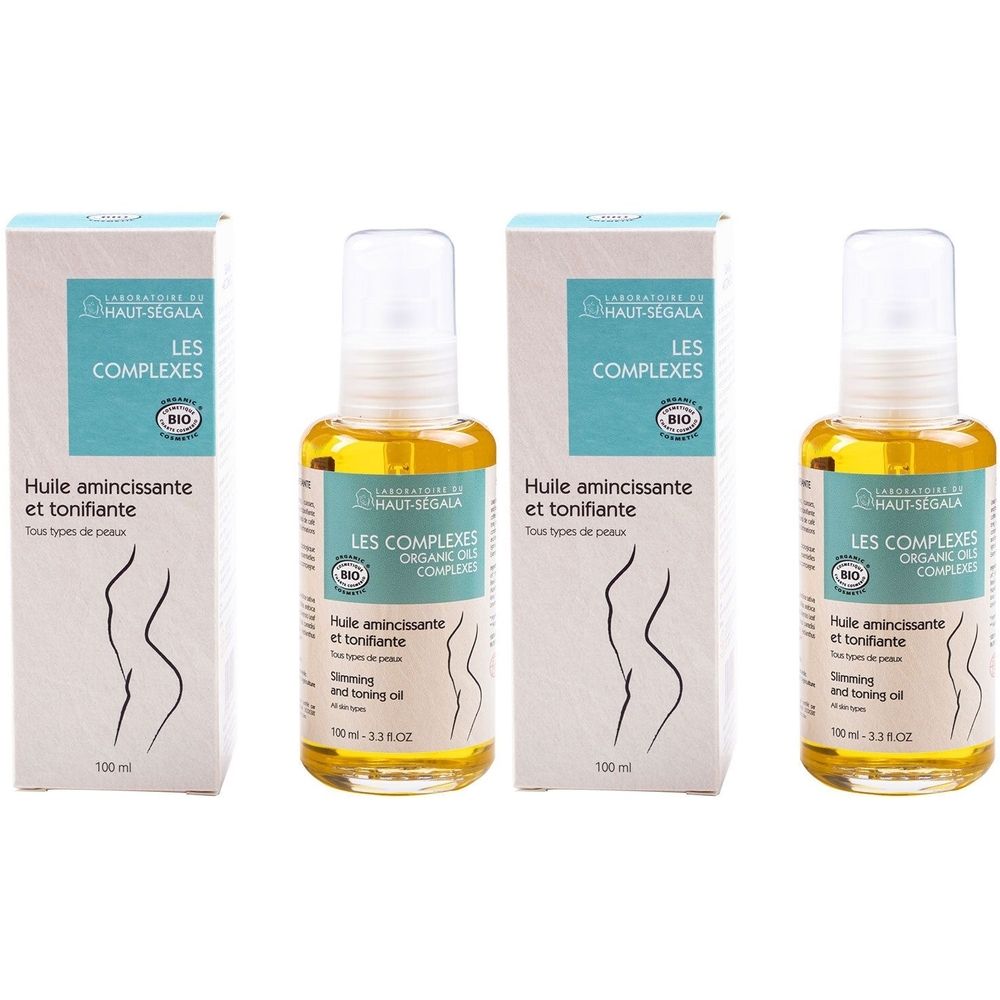 Drie flessen en verpakkingen van Haut-Ségala olie. Flessen met verstuiver, gele olie. Verpakking met tekst en bio-label.