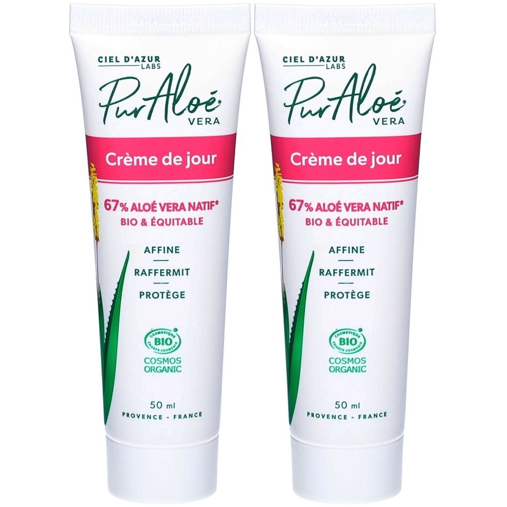 Twee tubes CIEL D'AZUR PurAloé Crème Visage. Wit, roze strepen en tekst. Bevat 67% Aloë Vera. Bio-certificering.
