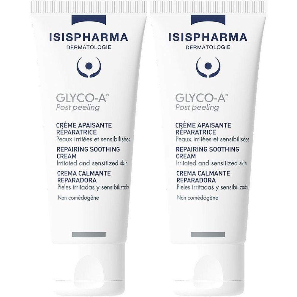 Deux tubes de crème ISISPHARMA Glyco-A Post peeling. Tubes blancs avec texte et logo bleus. Inscriptions multilingues.