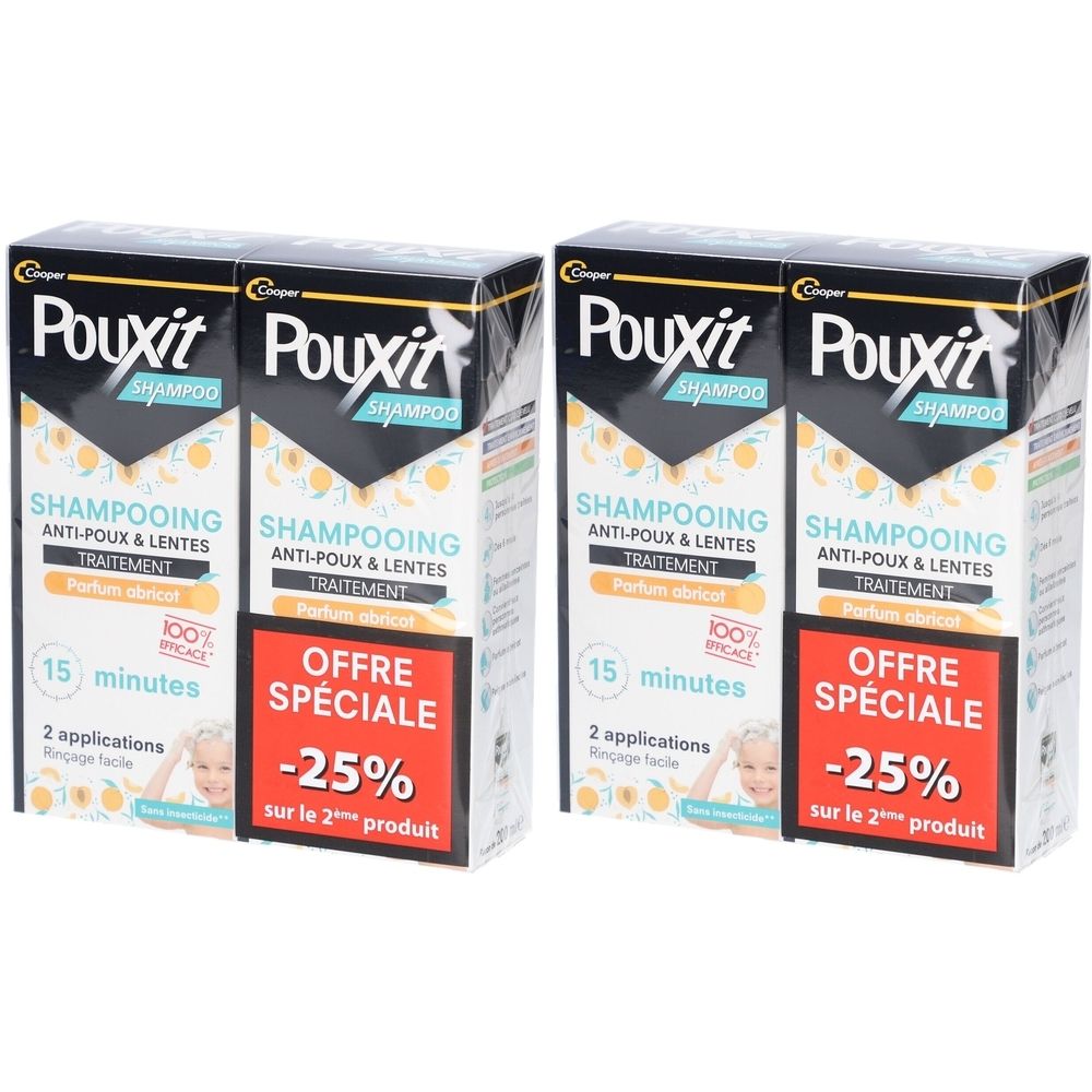 Twee dozen Pouxit Shampooing Anti-Poux et Lentes. Zwarte en witte verpakking. Tekst: -25% korting op het 2e product.
